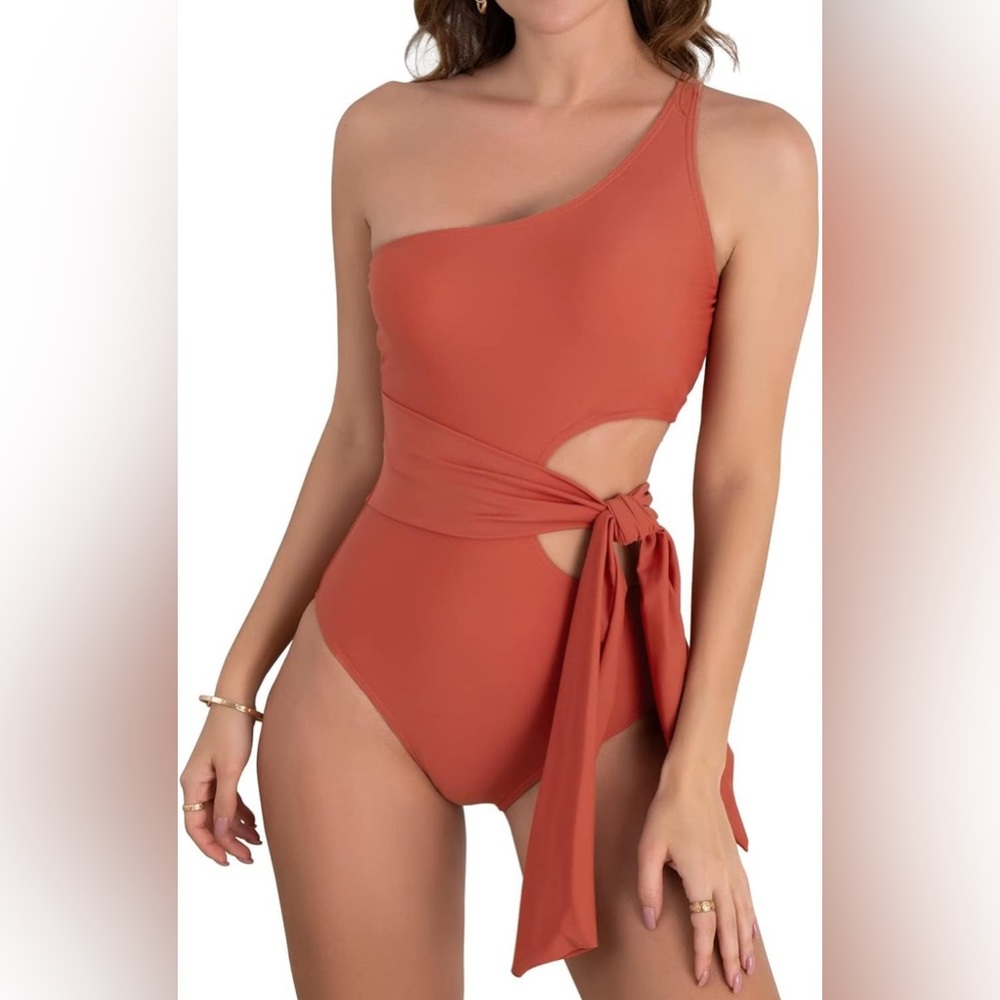 Women's One Shoulder Tummy Control Cutout Slimming Monokini Coral Red